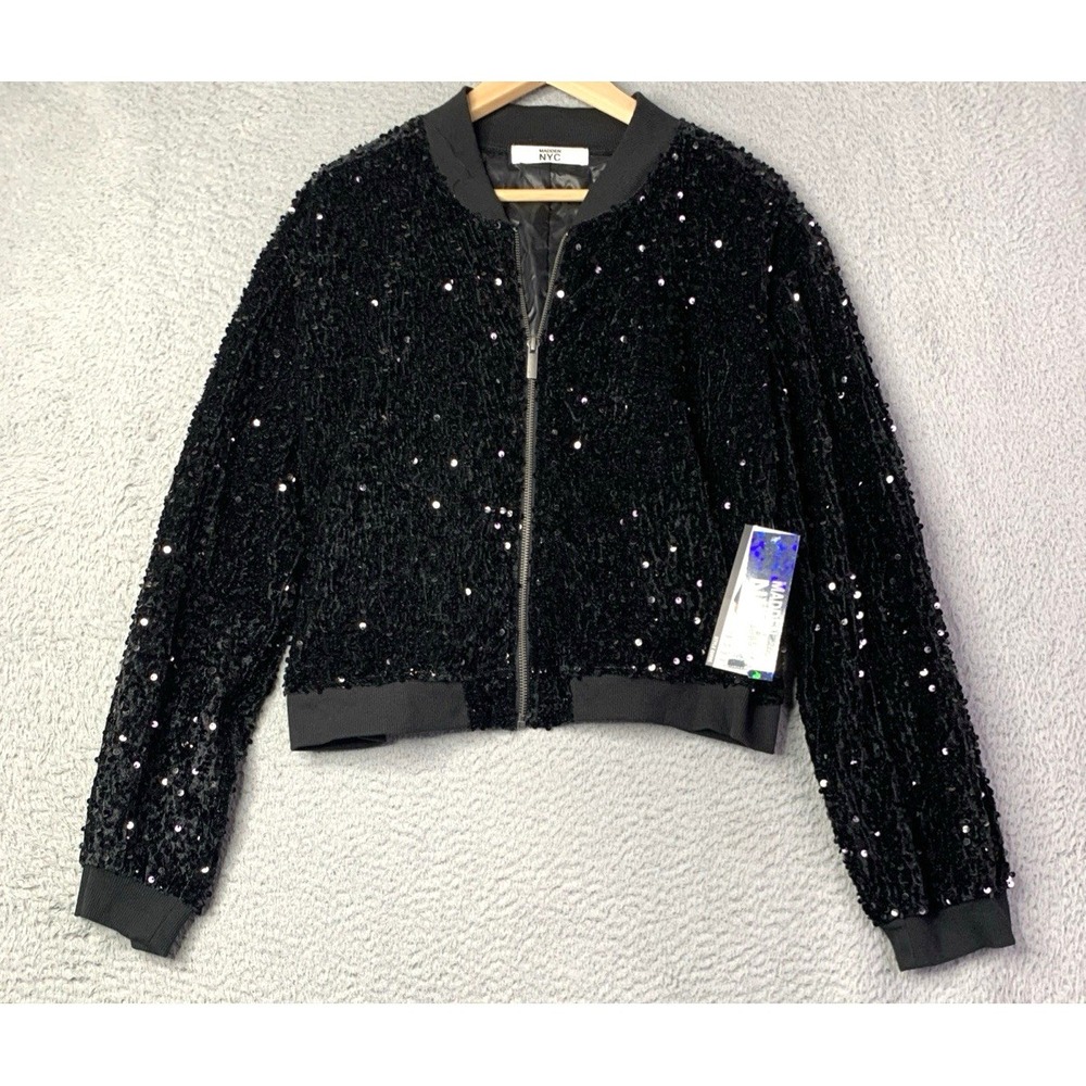 Steve Madden Jacket Women 2XL Fits L - XL Black Cropped Sequin Cardigan Sparkle